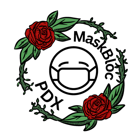 MaskBlocPDX Logo - a wreath of red roses circling a masked up face