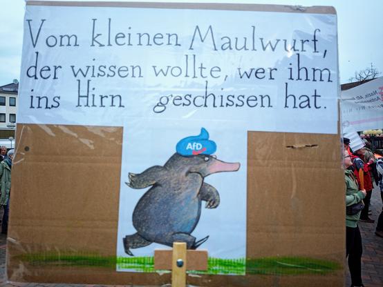 Ein Plakat mit dem kleinen Maulwurf, der einen AfD-Kotbeutel aufm Kopf hat. Darüber steht: Vom kleinen Maulwurf, der wissen wollte, wer ihm ins Hirn geschissen hat.
