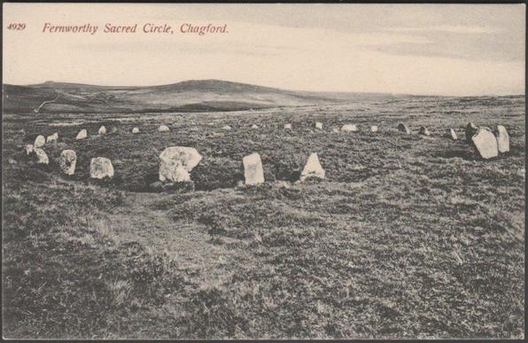 A printed vintage postcard of Froggymead or Fernworthy Stone Circle on Dartmoor. The stone circle is almost 20 m or 65 ft across with 27 stones remaining, all graded in height from north to south.