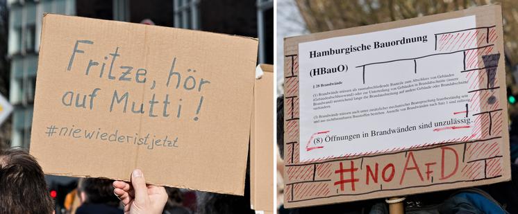 Zwei Plakate
Links:
"Fritze, hör auf Mutti!
#niewiederistjetzt"

Und Rechts steht ein Text der Hamburgischen Bauordnung (HBauO), wo besonders der Punkt 8 Hervorgehoben ist:
"Öffnungen in Brandwänden sind unzulässig"