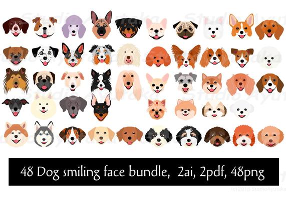 a big bundle of cute smiling dog heads clip art.