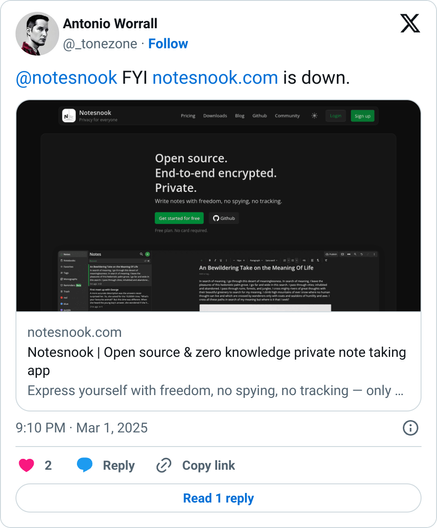 @notesnook FYI https://t.co/Z67BXYypaE is down.