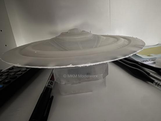 From of the saucer section showing white milliput around the edge