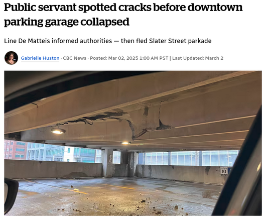 Photo of a beam of a parking garage falling apart with chunks of concrete dropping all over the floor