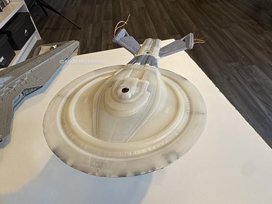 Top front view of the model showing assembly mostly complete, just missing the warp nacelles.