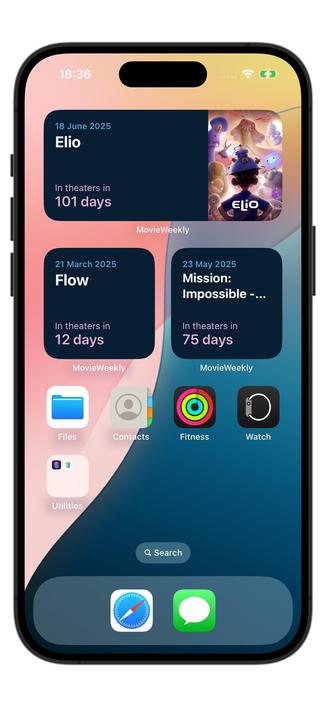 An iPhone home screen with MovieWeekly widgets displaying upcoming movie releases. The widgets show movies like Elio, Flow, and Mission: Impossible – The Final Reckoning, along with their release dates and countdowns. The widgets feature movie posters, titles, and text indicating the number of days remaining until the movie is in theaters.