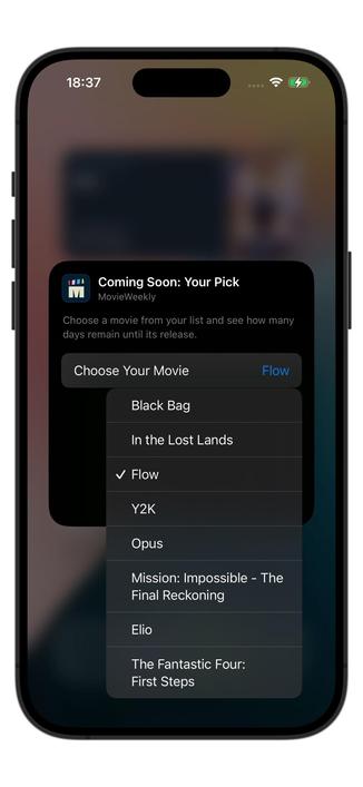 A lock screen notification from the MovieWeekly app titled “Coming Soon: Your Pick.” The user is prompted to choose a movie from their tracked list to see how many days remain until its release. A dropdown menu shows several movie titles, with “Flow” currently selected.