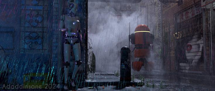 It's dark and raining in a misty urban back alley. A white android hides round a corner as an orange floating robot comes down the alley towards them.