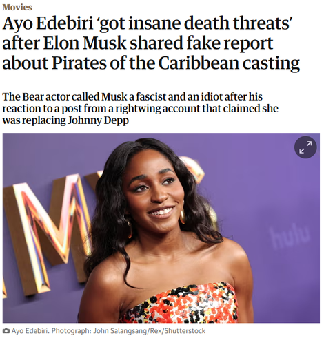 Movies
Ayo Edebiri ‘got insane death threats’ after Elon Musk shared fake report about Pirates of the Caribbean casting
The Bear actor called Musk a fascist and an idiot after his reaction to a post from a rightwing account that claimed she was replacing Johnny Depp
View image in fullscreen
Ayo Edebiri. Photograph: John Salangsang/Rex/Shutterstock
