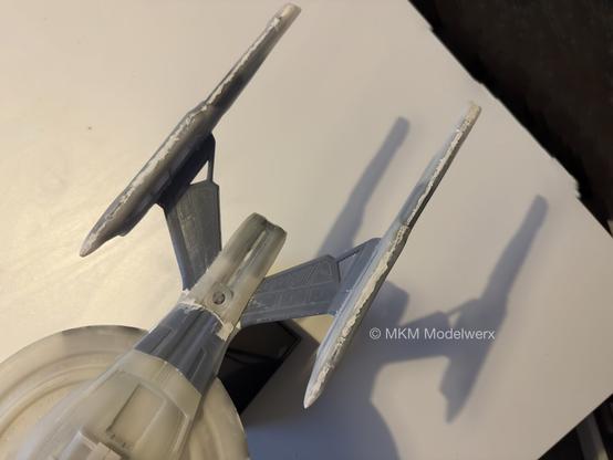 Top view of the model showing white milliput on each nacelle