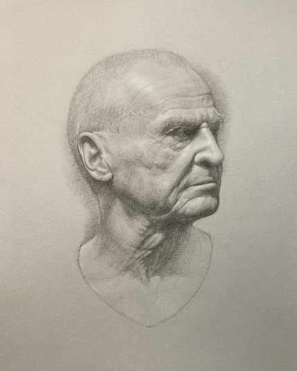 Portrait of older man in charcoal and chalk on grey paper.