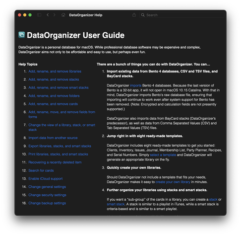 DataOrganizer Help Book in Dark Mode