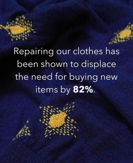 Repairing our clothes has been shown yo displace the need for buying new items by 82%.

Photo of mensing with a yellow thread in sort of a star shape on blue fabric