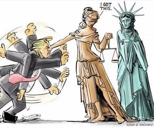 The image depicts a cartoon with political undertones. It features three main figures:

1. **Donald Trump**: Stumbling and seemingly unbalanced, he is being firmly held by the arm.
2. **Century Law**: Represented by a classical statue of a blindfolded figure holding scales – often symbolizing justice – assisting with Trump.
3. **Statue of Liberty**: Clasping Trump's other arm, saying "I got this," implying support or intervention.

This cartoon suggests a narrative where legal justice (personified by Lady Justice) and the principles of liberty (personified by the Statue of Liberty) are working together to support or control a stumbling Donald Trump, implying a theme of accountability and support. The meme appears to be pro-Democrat, often giving rise to political discussions online.
