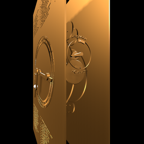 Virtual replica of the Antikythera Mechanism showing the front panel (with the sun and moon dial and inscriptions) as well as the draconic moon dial at the narrow side of the device.