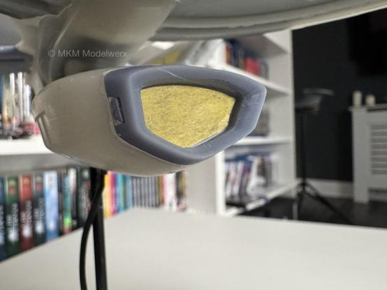 Closeup of the deflector area masked with yellow masking tape