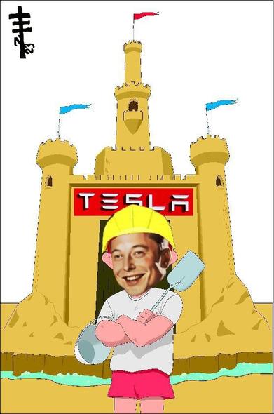 Digital collage using corel clip art of proud man in front of sand castle from link. Elon musk's face is put on it and tesla on the sandcastle. Resistance International sigil in top left corner