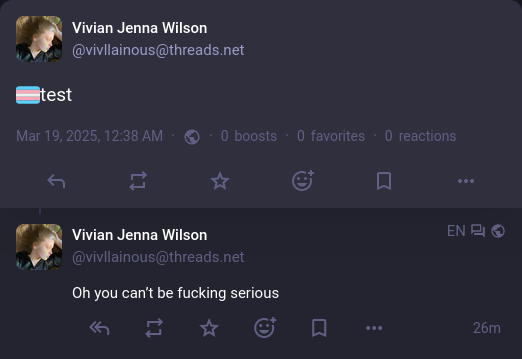 Vivian's post federated to Wetdry.world, showing the full ZWJ emote for the trans flag, next to the word test, implying some kind of filter is being used on Threads.net exclusively.