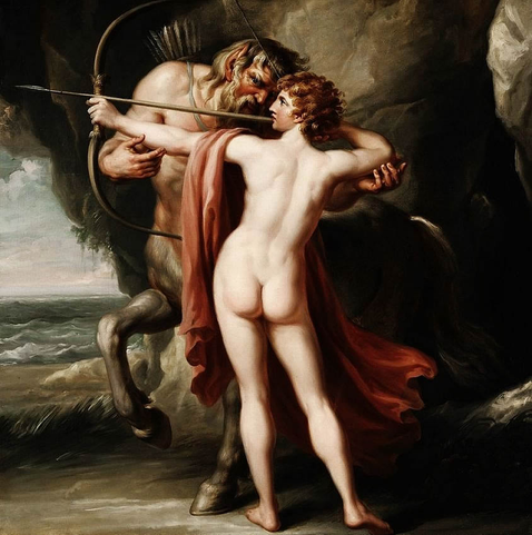 Painting by Giovanni Battista Cipriani  titled "Chiron Instructing Achilles in the Bow." The oil painting has a nude Achilles with his back to the viewer holding a bow and arrow and a Chiro, a centaur, helping him angle and hold the bow and arrow.