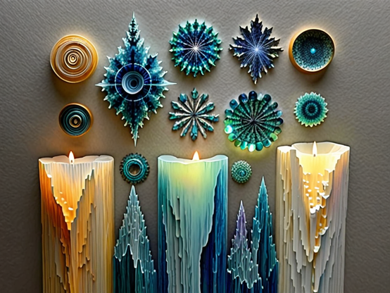 Three layered, lit candles, in shades of gold, blue, and ivory, symbolizing past, present, and future, amidst an arrangement of intricate fractal geometric objects against a neutral textured wall.