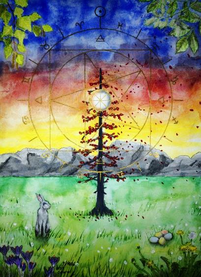 A fantastic (if I do say so myself) portrait showing a hare standing in a flowery meadow before a burnt, yet strangely flowering, tree while the sun rises casting fiery light in the sky over the mountains in the background.  A collection of coloured eggs lies in the grass across from the hare.  In the corners of the portrait are illustrations of plants.  Inscribed over everything is a magic circle with a pentagram, elemental and astrological symbols, and the Wheel of the Year.