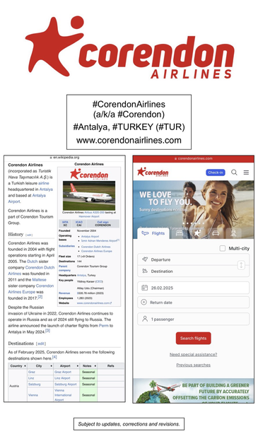 Wikipedia article and company website information for Corendon Airlines (Antalya, Turkey).