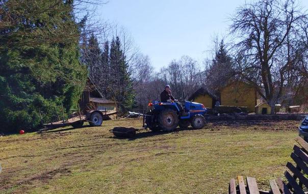 A man wearing a knitted hat sitting on a small blue tractor, turned to look backwards over the rear to the roller that is now attached to the tractors draw bar and towed behind through a grassy yard somewhat torn up by tractor tyres.