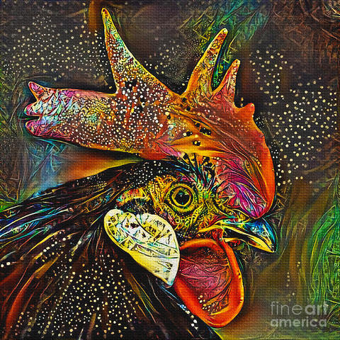 Digital transformation of my Handsome Rooster photograph - https://kaye-menner.pixels.com/featured/handsome-rooster-kaye-menner.html to a modern art psychedelic abstract on a textured brick background.