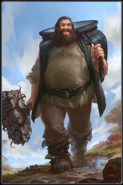 A video game's depiction of the Dagda, a large big-bellied giant of a man with a dirty tunic, a club with a sledge of stone connected by vines to it, his massive cauldron his back. He walks on a hillside with a smile on his bushy face.