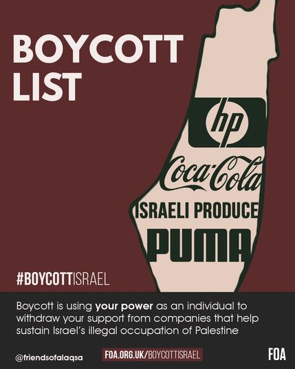 Palestinian occupied territory map with the caption of Boycott list: HP, Coca-Cola, Israeli products, Puma