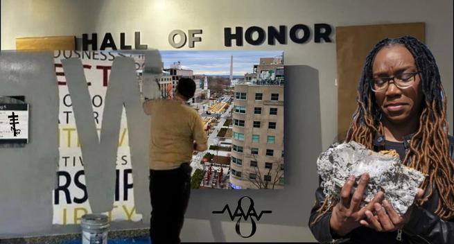 Digital collage using various pictures of fascists attempting to destroy our history and present from link in post. A man is painting over a wall of honor with papered over pictures and a woman crying while holding a piece of BLM plaza.