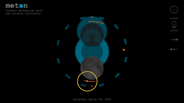 Webapp Meton, ein virtuell mechanischer Mondphasen- und Eklipsenrechner, der für Samstag, 29. März, eine Sonnenfinsternis vorhersagt.
