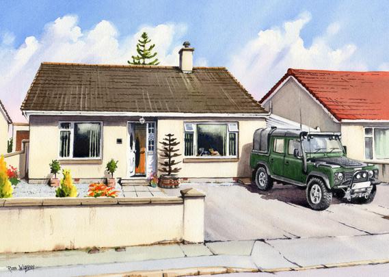A painting of a house and a Landrover Defender. A monkey-puzzle tree stands behind the house, which has a carport which shows abover the car. Several plants stand in pots at left. There is a small black dog and a ginger dog visible in the right hand house window - they always sit there on the back of the sofa!