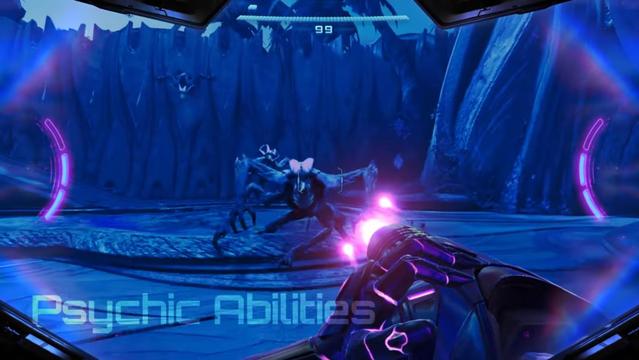 Metroid Prime 4. The psychic abilities feature showcased. Hues of blue and pink are displayed on the visor when activated. Samus is about to shoot an enemy while using the visor.