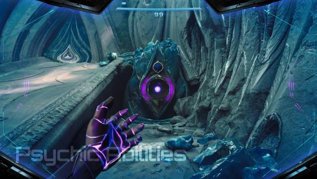 Metroid Prime 4. The psychic ability feature showcase. Samus's left hand is raised forward to telekinetically target an orb on a stone monument in order to solve a puzzle. Hues of blue and pink are shown when the visor is activated.