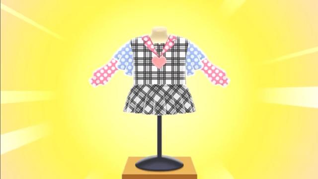 Tamagotchi Plaza. A custom flowy skirt with polka dots and plaid designs. Arm and shoulders are colored light blue and light pink. The skirt is light gray. A pink heart ribbon necklace is displayed within the skirt.