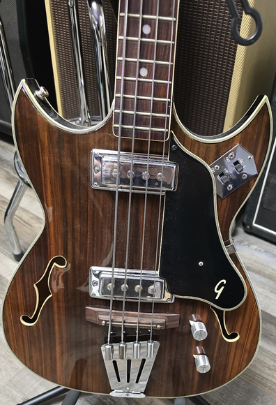 close up of the body of a semi hollow bass from the 60s or 70s showcasing the brown lines of the wood grain