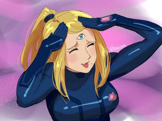 parody of ah eto bleh with samus putting hands on forehead revealing her third eye. she is a blonde woman in a blue bodysuit. making a silly face :P