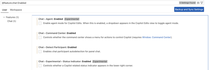Visual Studio Code preferences for search query "@feature:chat Enabled".
Settings "Agent: Enabled", "Command Center: Enabled", "Detect Participant: Enabled", "Status Indicator: Enabled" are all unchecked.