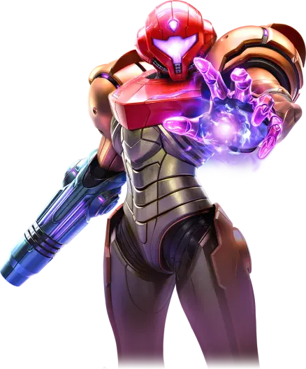 Metroid Prime 4 official rendering. Samus in her psychic mote upgraded Varia suit. It's Samus's classic Varia suit, with a purple energy color, she's holding her legt hand up, a ball of energy is in her palm. Her visor is purple, the light in the visor appears to possibly be a silhouette reflection of a figure. She has a "third eye", or a purple psychic mote above her visor, glowing a purplish color.