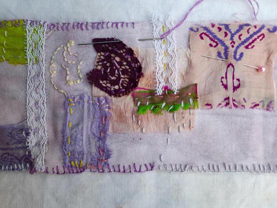 Mixed media collage with mainly textile material as described above in the thread - with some more wild embroidery stitches.