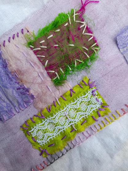 Small scraps of saree silk and lace: I loved the pink-pea-green weaving and the acid yellowish green. So I collected the scraps, fixed them with yellow and purple thread.