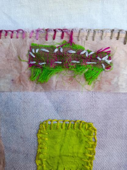 One of my favourite fabric scraps, silk, green-pink weaving. I fixed it with intuitive stitching on paper from a used teabag. This book is also for reading with the hands: The silky touch, the smooth paper, the wild textures of the embroidery stitches.