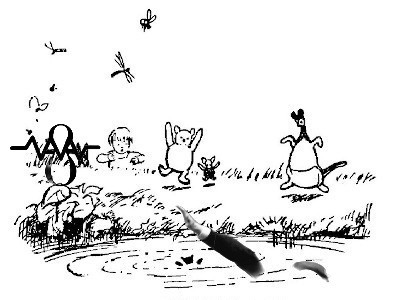 Digital collage using linked picture from Winnie the pooh as background.  All of the animals are celebrating around a pond with elon's nazi salute and hairplugs sticking out of the water. Resistance symbols abound