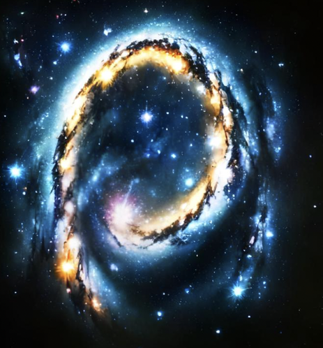 The Positron logo reimagined as a spiral galaxy with a bright core and a swirling ring of stars and gas. The galaxy is set against a dark background with a few scattered stars.