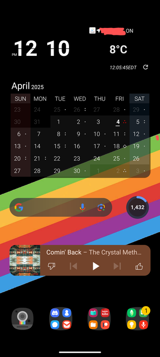 The time is on the top left, weather tile on the right, followed by a calendar widget. Then it's the Search bar + pedometer. Following that is the YouTube player widget. Bottom left is the camera icon followed by folders grouped by subject. They are Comms, Apps, Google stuff. The background is a rainbow stripe on black.
