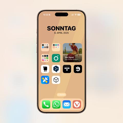 A smartphone screen displaying an organized app layout. The date "Sonntag, 6. April 2025" is prominently featured at the top. Various apps are arranged, with one highlighted, showing a painting titled "Das Signal" by John William