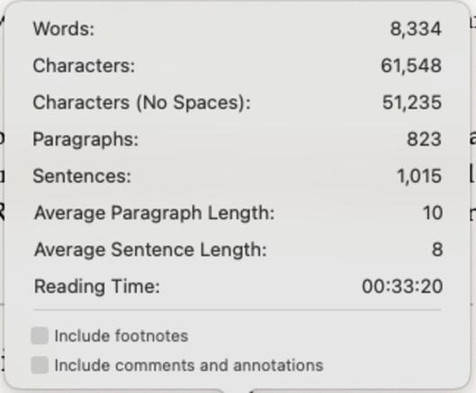 A screenshot of the stats for an upcoming guide in Scrivener. 8,334 words; approximately 30 minutes reading time