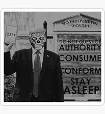 A black and white photoshop of a photo from Trump's St. John's Church photo op with a "They Live" movie theme wash...

Trump is an alien from "They Live", Bible says OBEY, the St John's sign says, "No Independent Thought," "Do Not Question Authority," CONSUME, CONFORM, and STAY ASLEEP