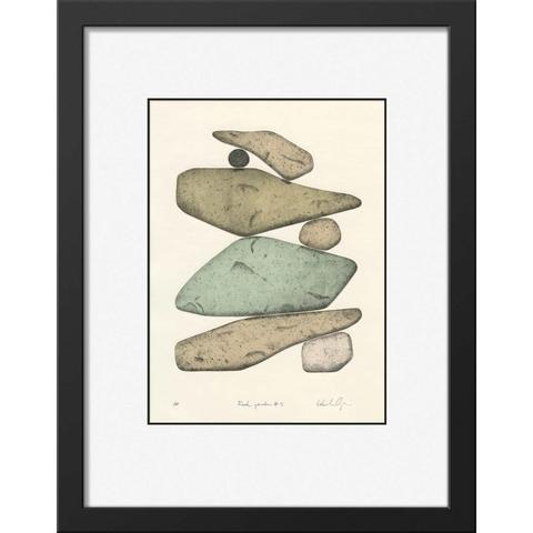 etching print of seven rocks stacked on top of each other, some blue some yellow and some pink